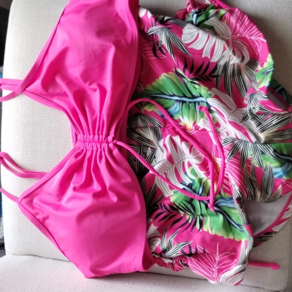 Women Tropical Print V neck Bikini Set Boxer Short Style Pink